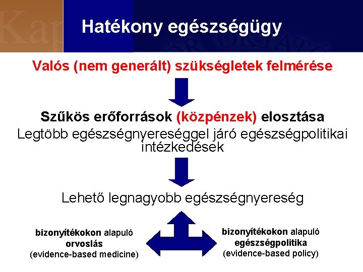 Hatékony egészségügy Valós (nem generált) szükségletek felmérése Szűkös erőforrások (közpénzek) elosztása Legtöbb egészségnyereséggel járó