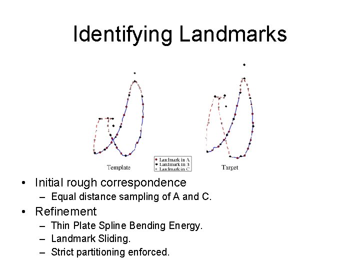 Identifying Landmarks • Initial rough correspondence – Equal distance sampling of A and C. Identifying Landmarks • Initial rough correspondence – Equal distance sampling of A and C.