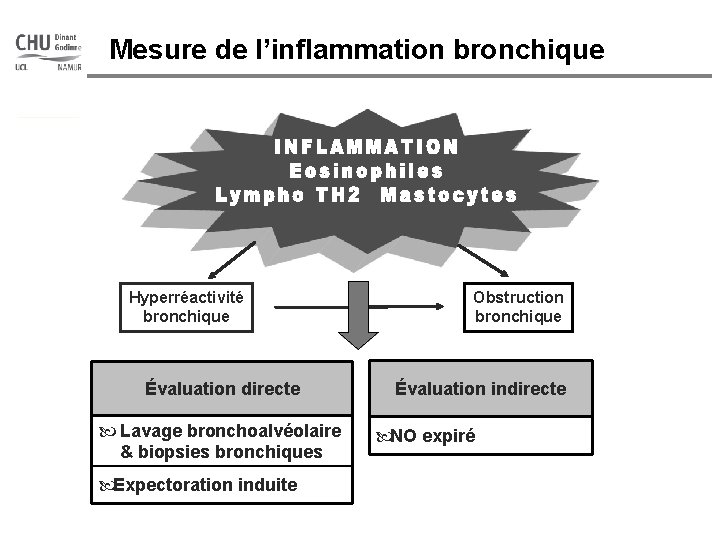 CHU Mont-Godinne Mesure de l’inflammation bronchique Hyperréactivité bronchique Évaluation directe Lavage bronchoalvéolaire & biopsies