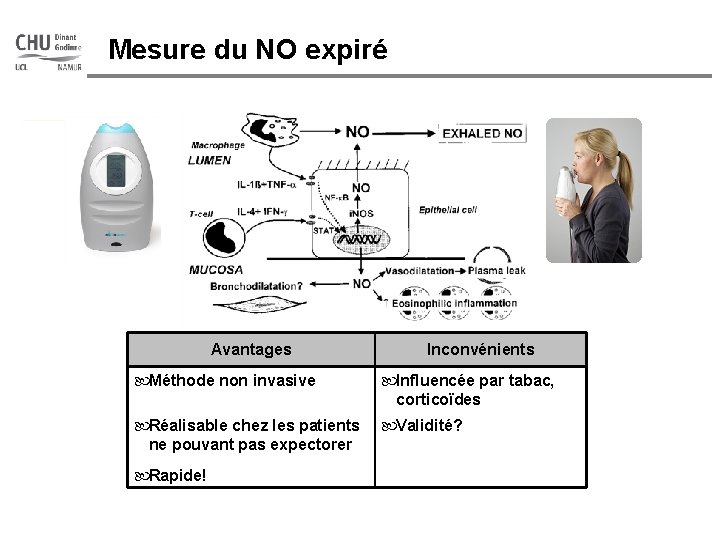 CHU Mont-Godinne Mesure du NO expiré Avantages Inconvénients Méthode non invasive Influencée par tabac,