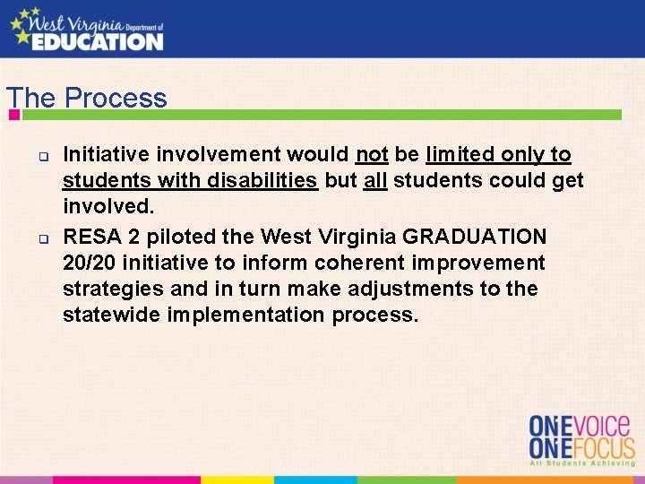 The Process q q Initiative involvement would not be limited only to students with