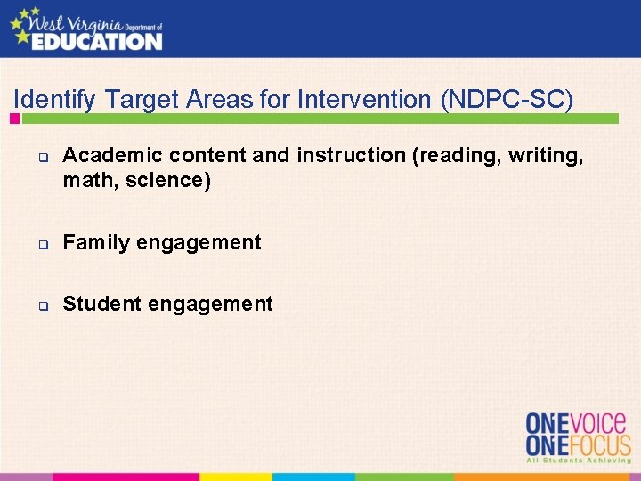 Identify Target Areas for Intervention (NDPC-SC) q Academic content and instruction (reading, writing, math,