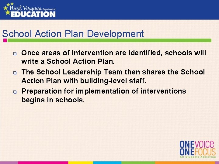School Action Plan Development q q q Once areas of intervention are identified, schools
