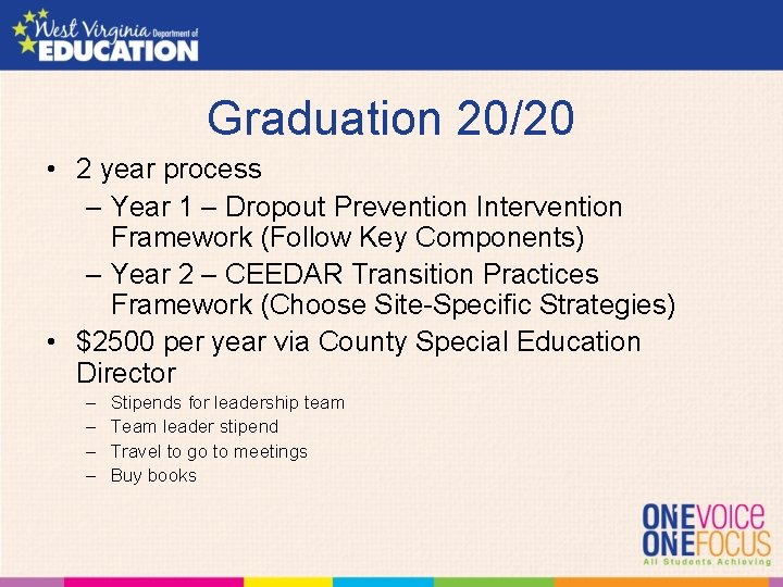 Graduation 20/20 • 2 year process – Year 1 – Dropout Prevention Intervention Framework