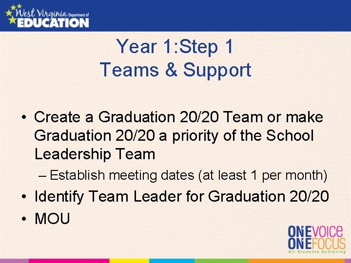 Year 1: Step 1 Teams & Support • Create a Graduation 20/20 Team or