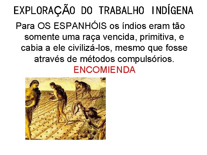 EXPLORAÇÃO DO TRABALHO INDÍGENA Para OS ESPANHÓIS os índios eram tão somente uma raça