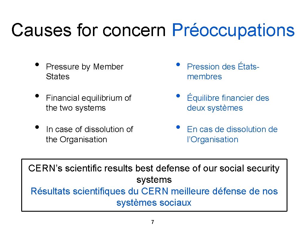 Causes for concern Préoccupations • • Pressure by Member States • Financial equilibrium of