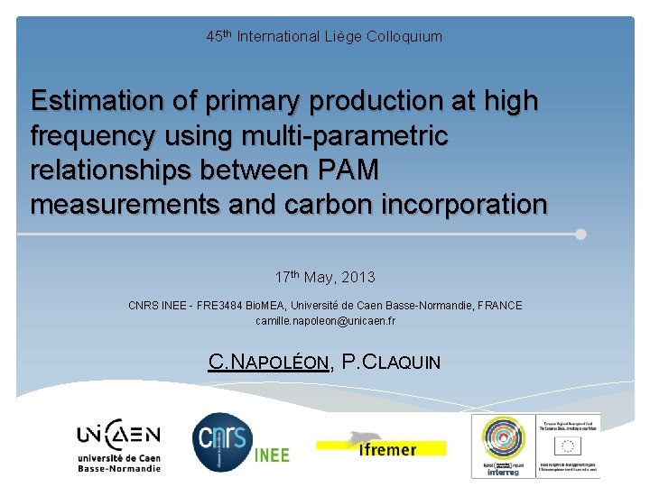45 th International Liège Colloquium Estimation of primary production at high frequency using multi-parametric