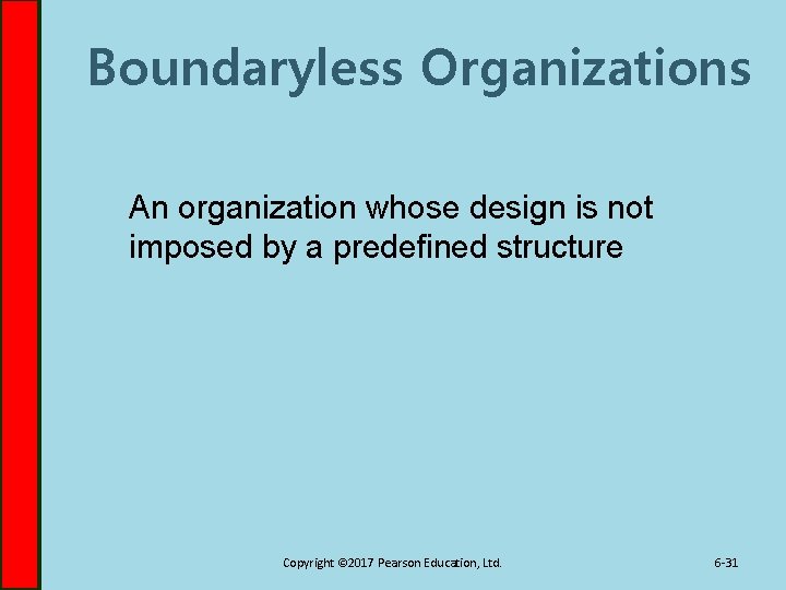 Boundaryless Organizations An organization whose design is not imposed by a predefined structure Copyright