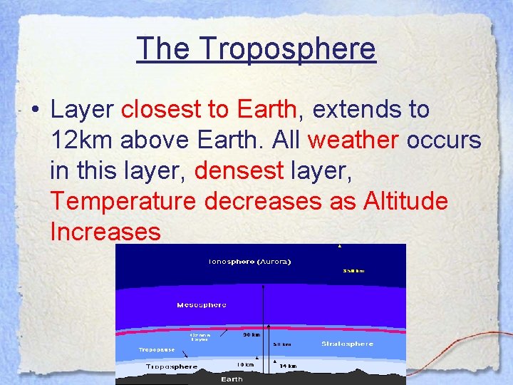 The Troposphere • Layer closest to Earth, extends to 12 km above Earth. All