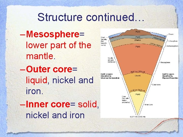 Structure continued… – Mesosphere= lower part of the mantle. – Outer core= liquid, nickel