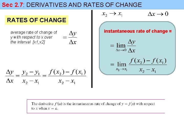 Sec 2. 7: DERIVATIVES AND RATES OF CHANGE average rate of change of y