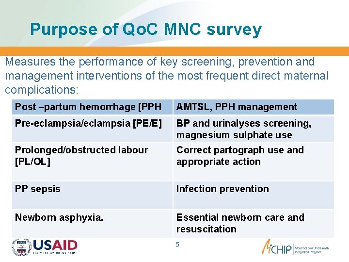 Purpose of Qo. C MNC survey Measures the performance of key screening, prevention and