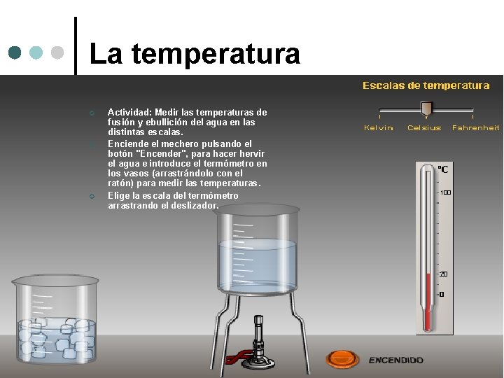 La temperatura ¢ ¢ ¢ Actividad: Medir las temperaturas de fusión y ebullición del