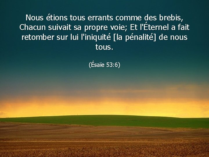 Nous étions tous errants comme des brebis, Chacun suivait sa propre voie; Et l'Éternel