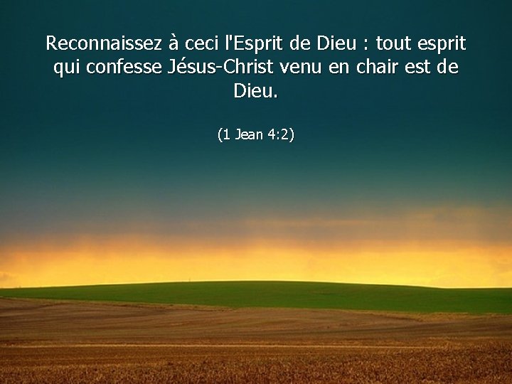 Reconnaissez à ceci l'Esprit de Dieu : tout esprit qui confesse Jésus-Christ venu en