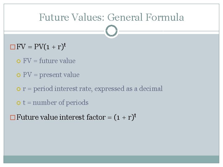 Future Values: General Formula � FV = PV(1 + r)t FV = future value