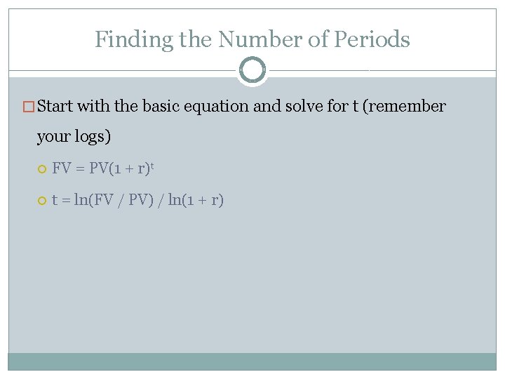 Finding the Number of Periods � Start with the basic equation and solve for