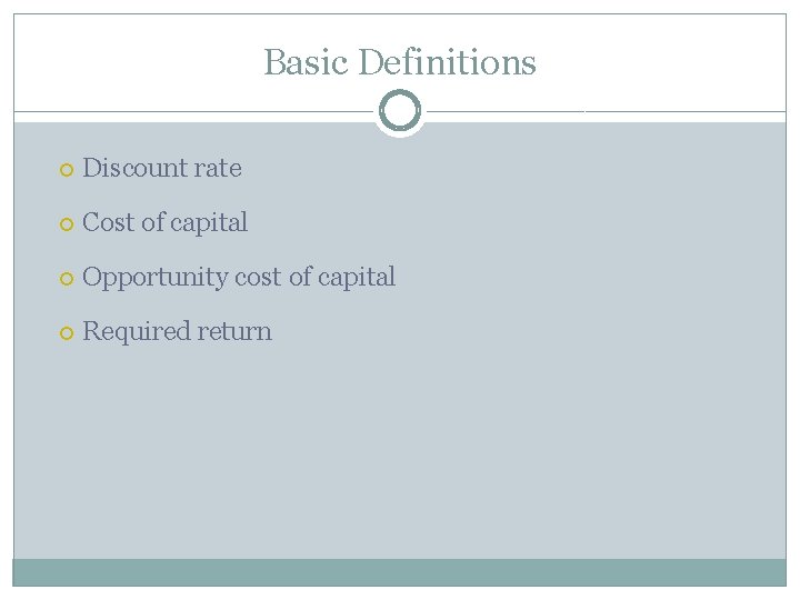 Basic Definitions Discount rate Cost of capital Opportunity cost of capital Required return 