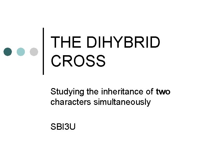 THE DIHYBRID CROSS Studying the inheritance of two characters simultaneously SBI 3 U 