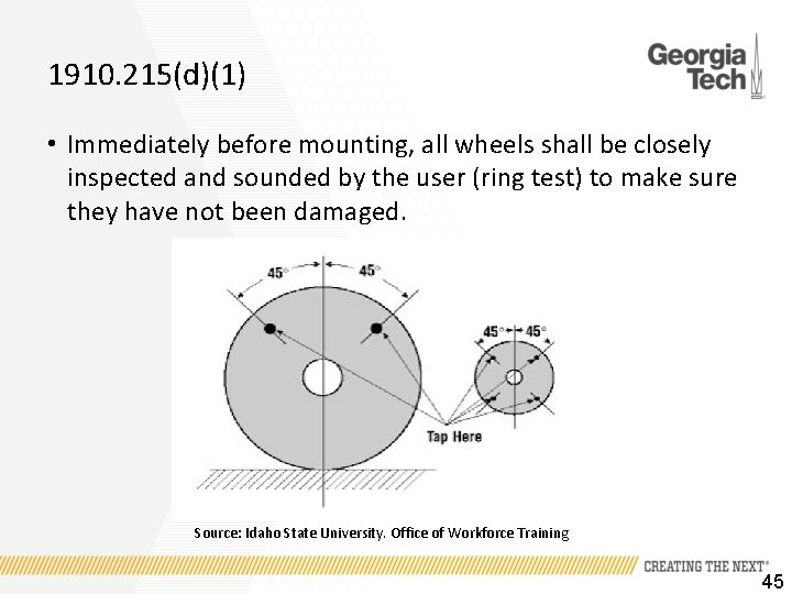 1910. 215(d)(1) • Immediately before mounting, all wheels shall be closely inspected and sounded