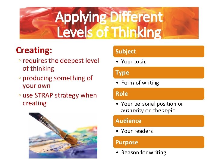Applying Different Levels of Thinking Creating: ◦ requires the deepest level of thinking ◦