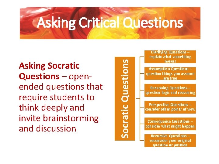 Asking Socratic Questions – openended questions that require students to think deeply and invite