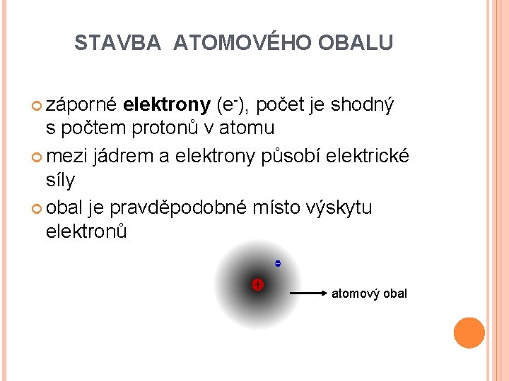 STAVBA ATOMOVÉHO OBALU záporné elektrony (e-), počet je shodný s počtem protonů v atomu