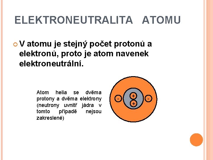 ELEKTRONEUTRALITA ATOMU V atomu je stejný počet protonů a elektronů, proto je atom navenek