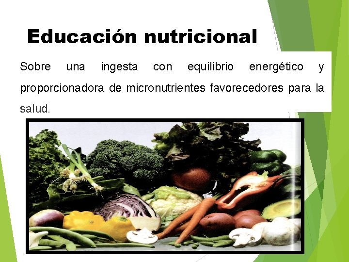 Educación nutricional Sobre una ingesta con equilibrio energético y proporcionadora de micronutrientes favorecedores para