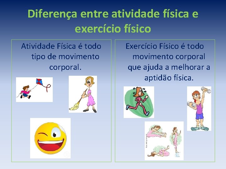 Diferença entre atividade física e exercício físico Atividade Física é todo tipo de movimento
