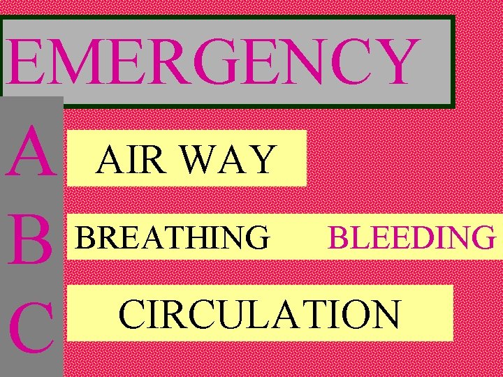 EMERGENCY A AIR WAY BREATHING BLEEDING B CIRCULATION C 