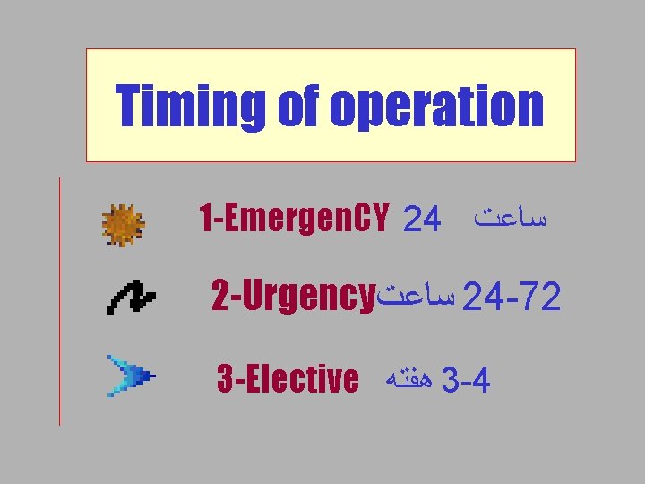 Timing of operation 1 -Emergen. CY 24 ﺳﺎﻋﺖ 2 -Urgency ﺳﺎﻋﺖ 24 -72 3