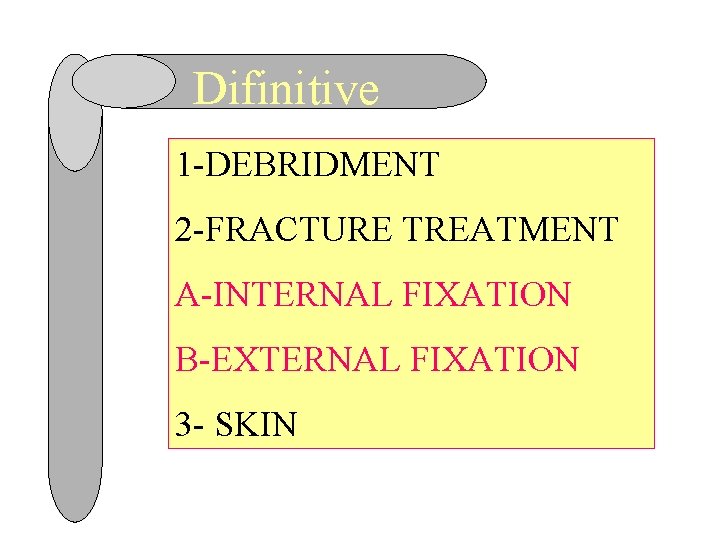 Difinitive 1 -DEBRIDMENT 2 -FRACTURE TREATMENT A-INTERNAL FIXATION B-EXTERNAL FIXATION 3 - SKIN 