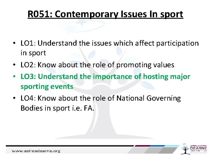 R 051: Contemporary Issues In sport • LO 1: Understand the issues which affect