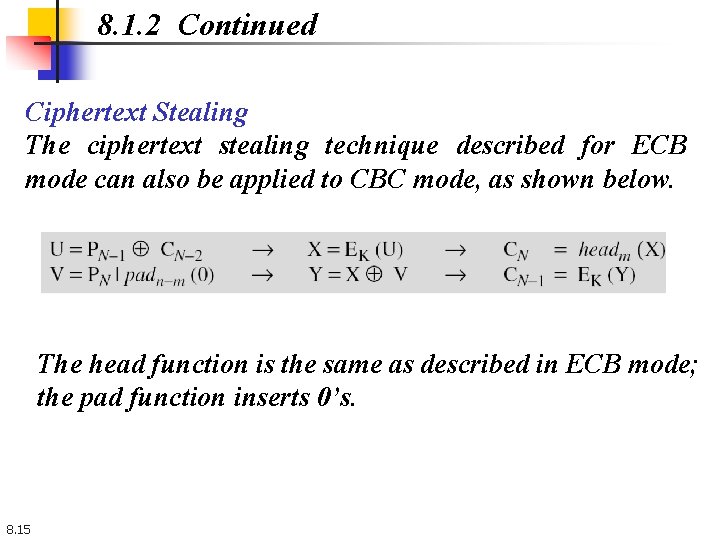8. 1. 2 Continued Ciphertext Stealing The ciphertext stealing technique described for ECB mode