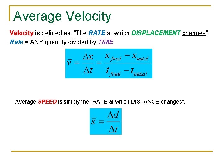 Average Velocity is defined as: “The RATE at which DISPLACEMENT changes”. Rate = ANY