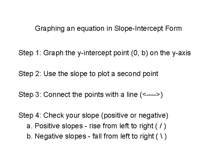 Graphing an equation in Slope-Intercept Form Step 1: Graph the y-intercept point (0, b)