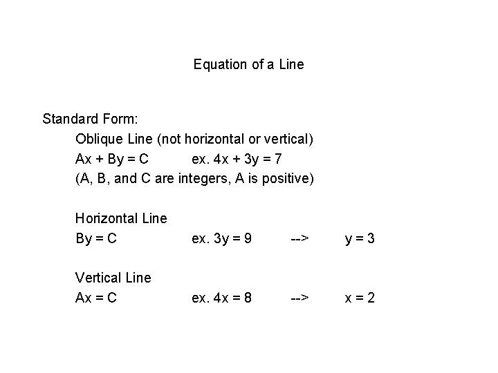 Equation of a Line Standard Form: Oblique Line (not horizontal or vertical) Ax +