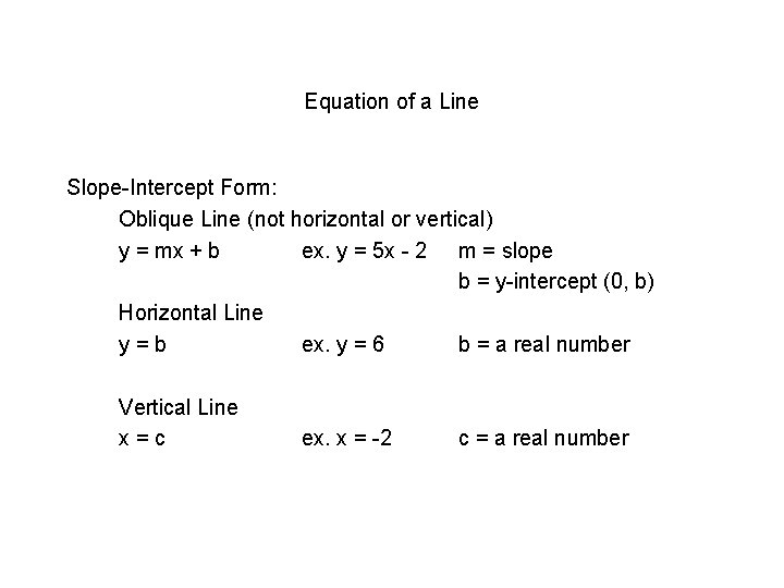 Equation of a Line Slope-Intercept Form: Oblique Line (not horizontal or vertical) y =