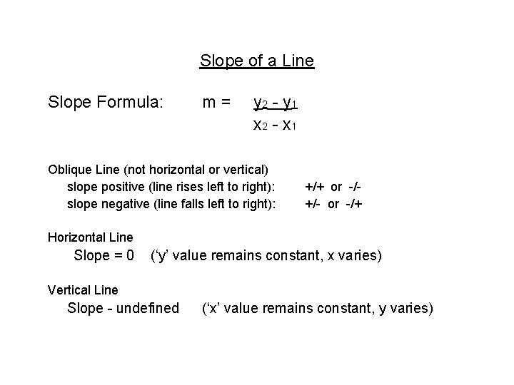 Slope of a Line Slope Formula: m= y 2 - y 1 x 2