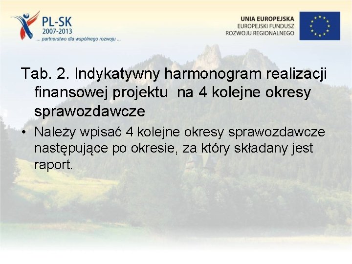 Tab. 2. Indykatywny harmonogram realizacji finansowej projektu na 4 kolejne okresy sprawozdawcze • Należy