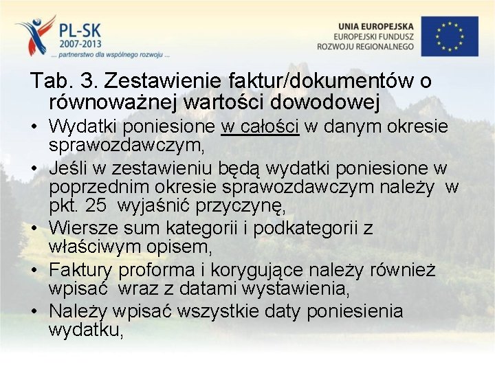 Tab. 3. Zestawienie faktur/dokumentów o równoważnej wartości dowodowej • Wydatki poniesione w całości w