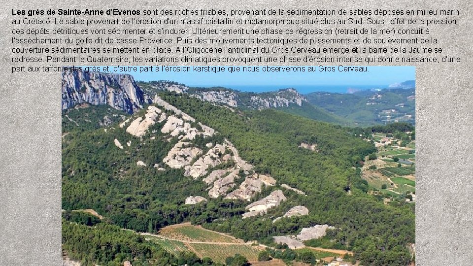 Les grès de Sainte-Anne d'Evenos sont des roches friables, provenant de la sédimentation de