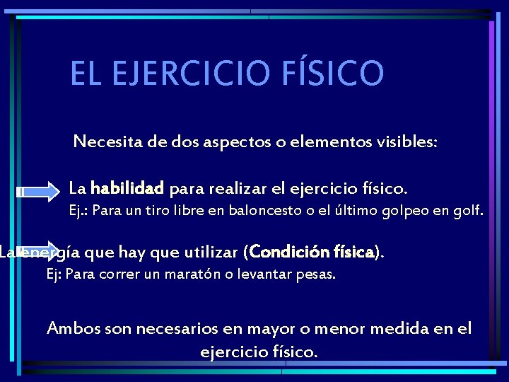 EL EJERCICIO FÍSICO Necesita de dos aspectos o elementos visibles: La habilidad para realizar EL EJERCICIO FÍSICO Necesita de dos aspectos o elementos visibles: La habilidad para realizar