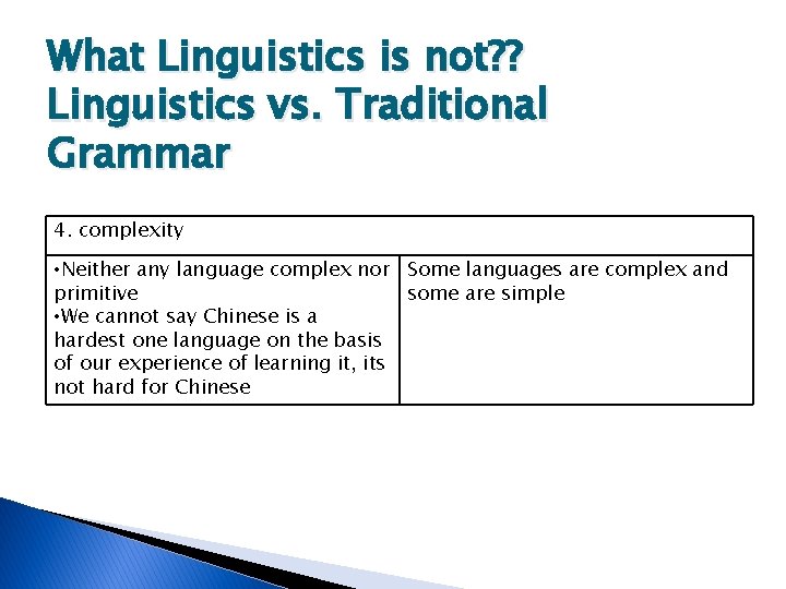 What Linguistics is not? ? Linguistics vs. Traditional Grammar 4. complexity • Neither any