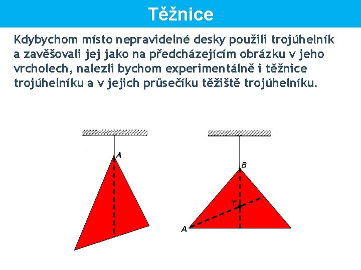 Těžnice Kdybychom místo nepravidelné desky použili trojúhelník a zavěšovali jej jako na předcházejícím obrázku