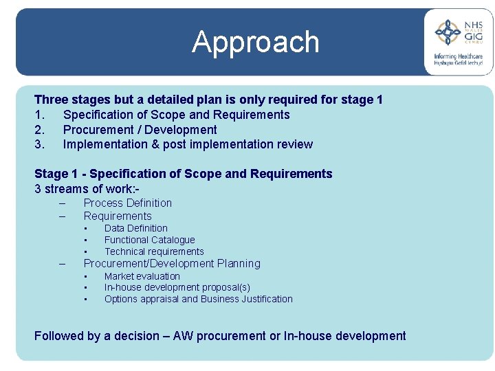 Approach Three stages but a detailed plan is only required for stage 1 1.