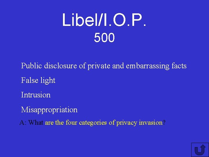 Libel/I. O. P. 500 Public disclosure of private and embarrassing facts False light Intrusion