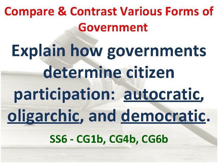 Compare & Contrast Various Forms of Government Explain how governments determine citizen participation: autocratic,